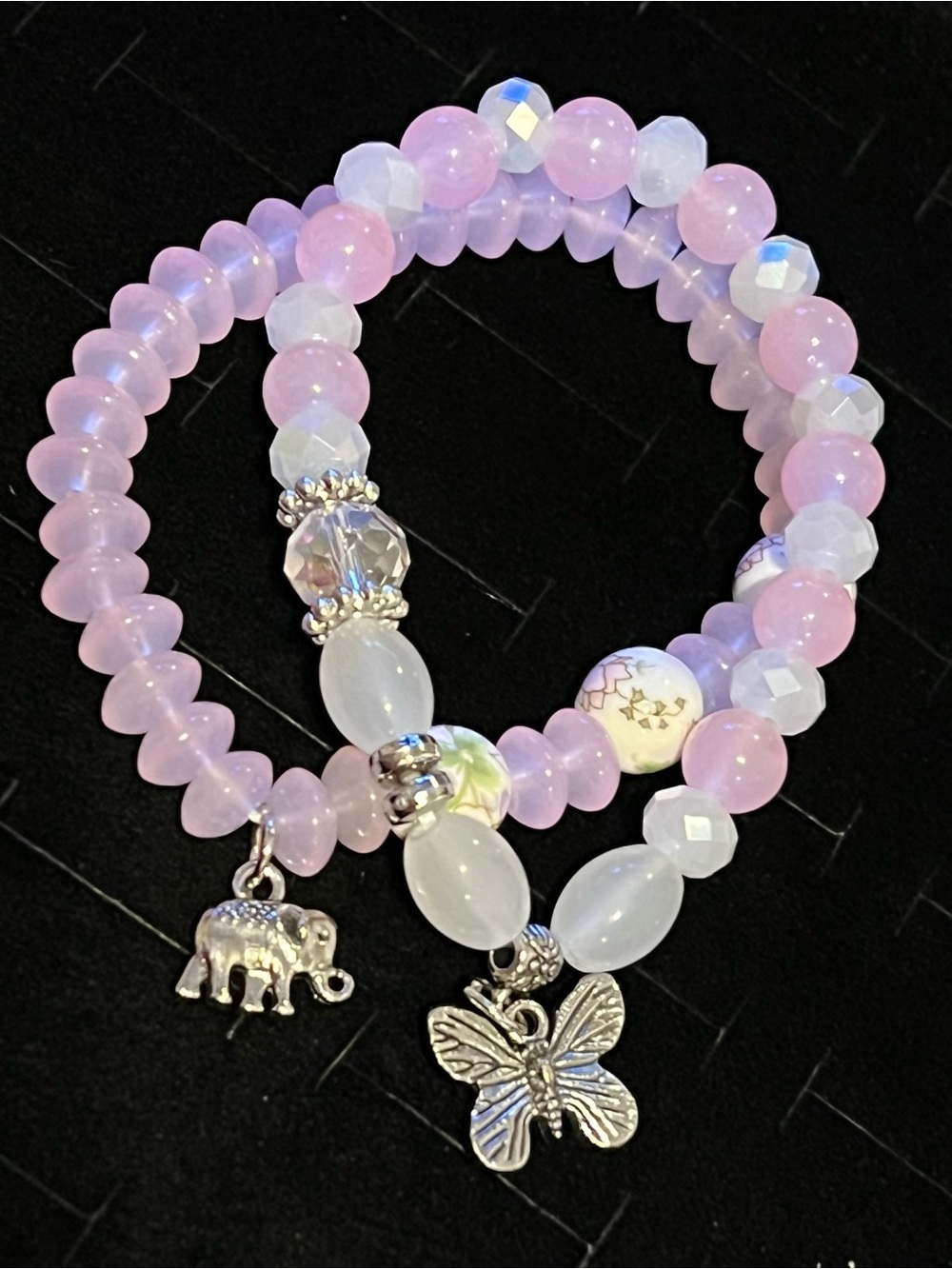 Pink Beaded Charm Bracelet Set with Butterfly & Elephant Charms